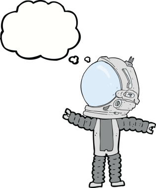 Bir insan tarafından çizilmiş düşünce baloncuklu astronot.