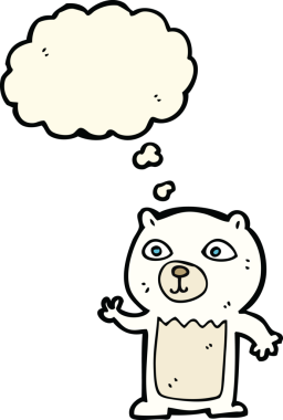 Bir insan tarafından çizilmiş düşünce baloncuğu ile kutup ayısı yavrusu sallayan çizgi film