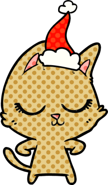 Sakin bir el çizimi çizgi roman tarzı Noel Baba şapkası takan bir kedinin bir insan tarafından çizilmiş resmi.