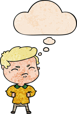 Bir insan tarafından çizilmiş grunge desenli düşünce baloncuğu olan karikatür rahatsız adam.