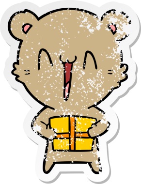 Bir insan tarafından çizilmiş hediye karikatürlü mutlu bir ayının sıkıntılı çıkartması.