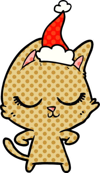 Sakin bir el çizimi çizgi roman tarzı Noel Baba şapkası takan bir kedinin bir insan tarafından çizilmiş resmi.