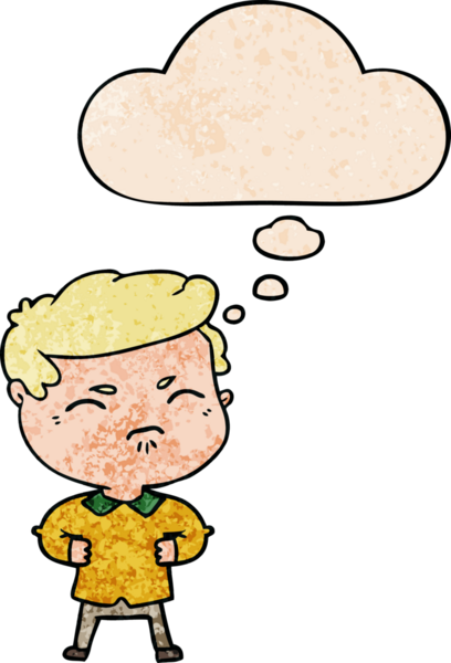 Bir insan tarafından çizilmiş grunge desenli düşünce baloncuğu olan karikatür rahatsız adam.