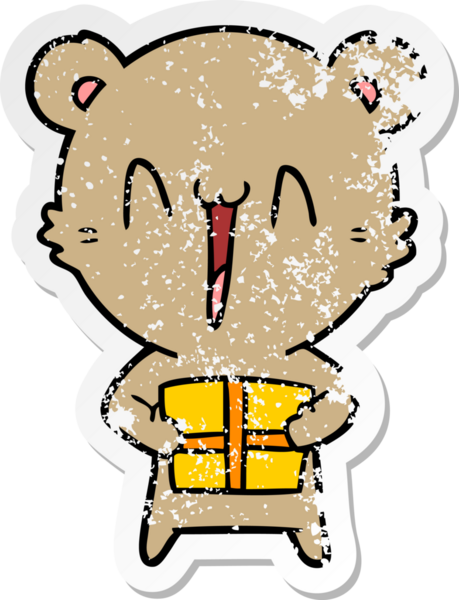 Bir insan tarafından çizilmiş hediye karikatürlü mutlu bir ayının sıkıntılı çıkartması.