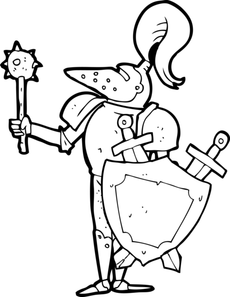 Bir insan tarafından çizilmiş siyah beyaz karikatür Orta Çağ şövalyesi.