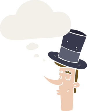 Düşünce baloncuklu silindir şapkalı çizgi film adamı bir insan tarafından çizilmiş.