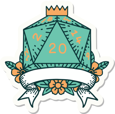 Bir insan tarafından çizilmiş 20 kritik vuruşluk D20 zar etiketi.