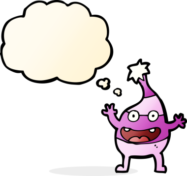 Bir insan tarafından çizilmiş düşünce baloncuklu komik bir yaratık.