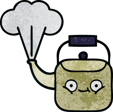 Bir insan tarafından çizilen dumanı tüten bir çaydanlığın retro grunge desenli karikatürü