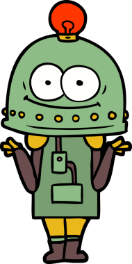 Bir insan tarafından çizilmiş ampullü mutlu karton robot.