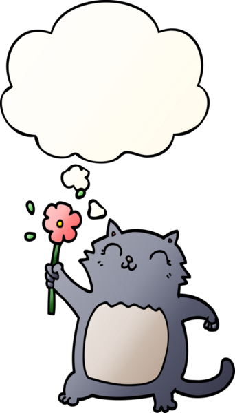 Düşünce baloncuğu olan çiçekli çizgi film kedisi bir insan tarafından çizilmiş.