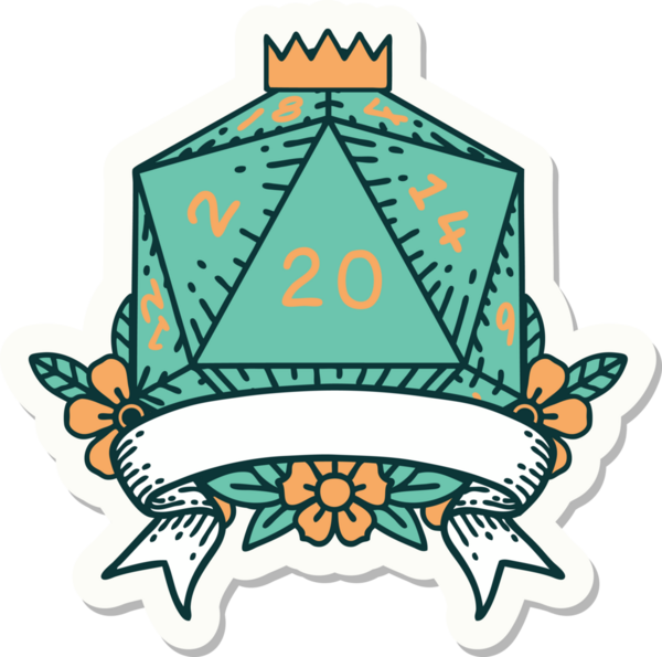 Bir insan tarafından çizilmiş 20 kritik vuruşluk D20 zar etiketi.