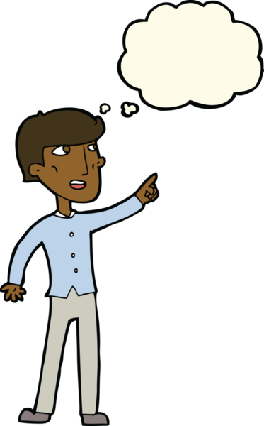 Bir insan tarafından çizilen düşünce baloncuğuyla işaret eden çizgi film adamı.