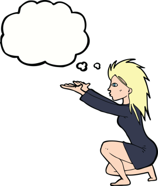 Bir insan tarafından çizilmiş düşünce baloncuğuyla büyü yapan çizgi film kadını.