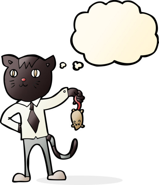 Bir insan tarafından çizilmiş düşünce balonlu ölü fareli çizgi film kedisi.
