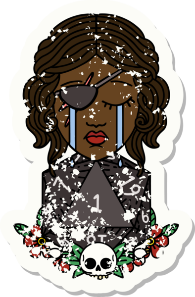 Bir insan tarafından çizilmiş doğal bir d20 rulo ile ağlayan bir insan haylaz etiketi.