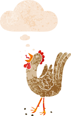 Karikatür öten horozlar grunge 'da düşünce baloncuğu olan sıkıntılı eski moda bir insan tarafından çizilmiş.