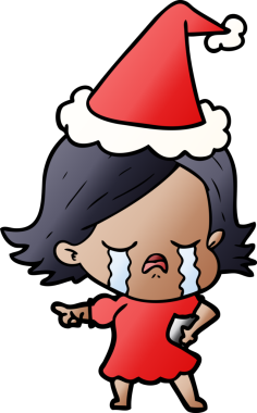 Ağlayan ve Noel Baba şapkası takan bir kızın el çizimi karikatürü.