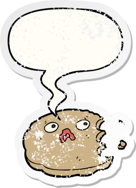 Konuşma balonlu karikatür ısırılmış kurabiye bir insan tarafından çizilmiş sıkıntılı eski bir çıkartma