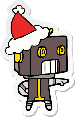 Bir insan tarafından çizilmiş Noel Baba şapkası giyen bir robotun el çizimi karikatürü.