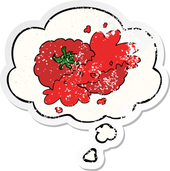 Düşünce baloncuklu ezilmiş domates çizgi filmi insan tarafından çizilmiş yıpranmış bir çıkartma gibi.