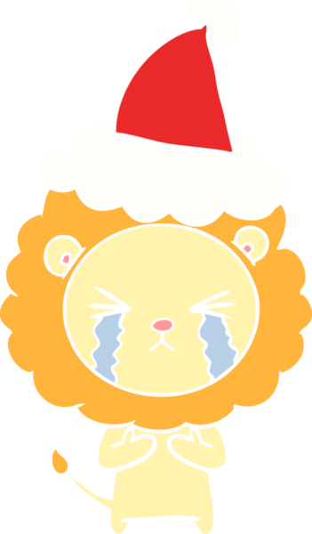 Bir insan tarafından çizilmiş Noel Baba şapkası takan ağlayan bir aslanın düz renkli çizimi.