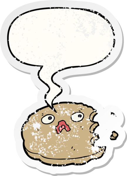 Konuşma balonlu karikatür ısırılmış kurabiye bir insan tarafından çizilmiş sıkıntılı eski bir çıkartma