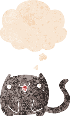 grunge 'da düşünce baloncuğu olan çizgi film kedisi bir insan tarafından çizilmiş dertli retro desenli