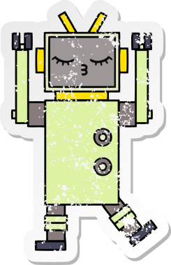 Bir insan tarafından çizilmiş sevimli bir robot çizgi film çıkartması.