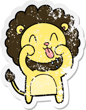 Bir insan tarafından çizilmiş mutlu çizgi film aslanının sıkıntılı çıkartması.