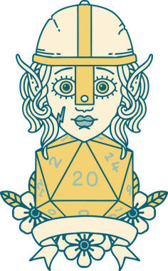 Retro Dövme Tarzı Elf Savaşçısı Doğal 20 zar atışıyla Bir insan tarafından çizilmiş