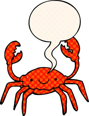 Bir insan tarafından çizilmiş çizgi roman tarzında konuşma baloncuklu bir yengeç.