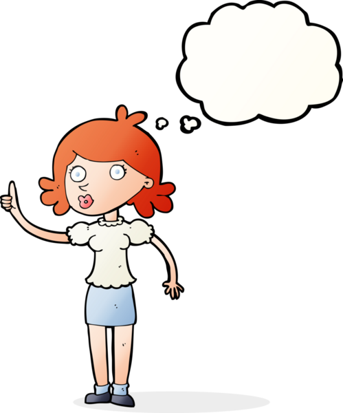 Bir insan tarafından çizilmiş düşünce baloncuğu fikri olan karikatür kadın.