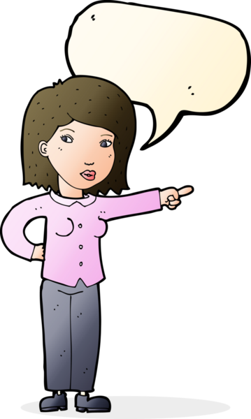 Bir insan tarafından çizilmiş bir konuşma balonuyla işaret eden çizgi film kadını.