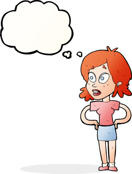 Bir insan tarafından çizilmiş düşünce baloncuğu olan elleri kalçasında çizgi film kadını.