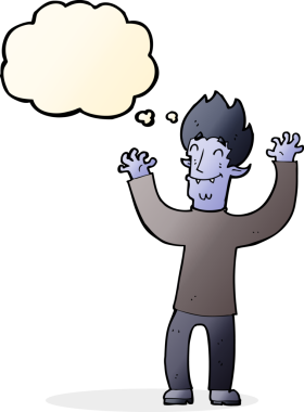 Bir insan tarafından çizilmiş düşünce balonlu mutlu vampir adam çizgi filmi.