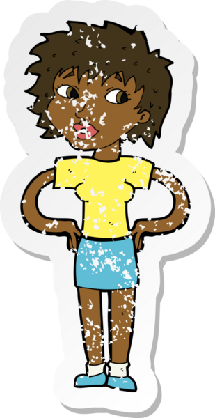 Bir insan tarafından çizilmiş kalçasında elleri olan bir karikatür kadının gerilmiş çıkartması.