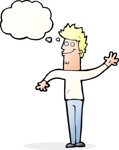 Bir insan tarafından çizilmiş düşünce balonlu mutlu sallanan adam.