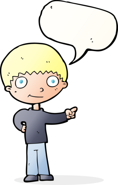 Bir insan tarafından çizilmiş konuşma balonuyla işaret eden mutlu çocuk çizgi filmi.