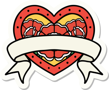 Geleneksel kalp stili dövme çıkartması ve bir insan tarafından çizilmiş çiçekli pankart.