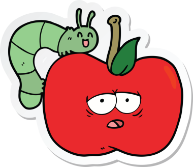 Bir insan tarafından çizilmiş elma ve böceğin çıkartması.