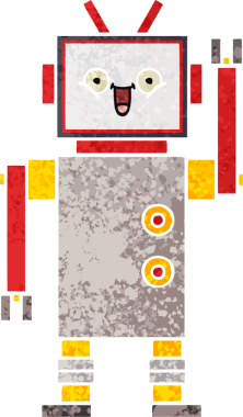 Bir insan tarafından çizilmiş mutlu bir robotun retro çizim tarzı karikatürü