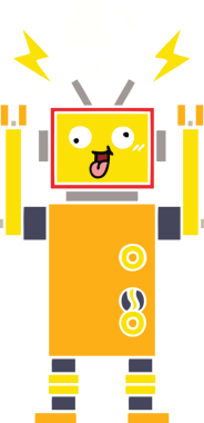 Bir insan tarafından çizilmiş arızalı bir robotun düz renk retro karikatürü