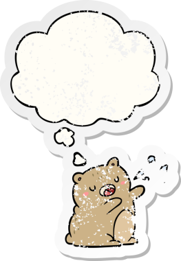 Düşünce baloncuğu olan şarkı söyleyen bir çizgi film ayısı insan tarafından çizilmiş yıpranmış bir çıkartma gibi