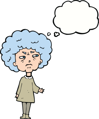 Bir insan tarafından çizilmiş düşünce balonlu yaşlı kadın çizgi filmi.
