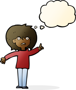 Çizgi filmdeki kadın bir insan tarafından çizilmiş düşünce balonuyla soru soruyor.