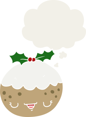 Düşünce baloncuklu tatlı çizgi film pudingi insan tarafından çizilmiş.