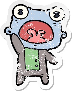 Bir insan tarafından çizilmiş garip bir uzaylı çizgi filminin sıkıntılı çıkartması.