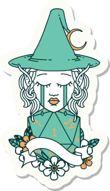 Ağlayan Elf Büyücüsü karakterinin çıkartması. İnsan tarafından çizilmiş doğal bir D20 ruloyla.