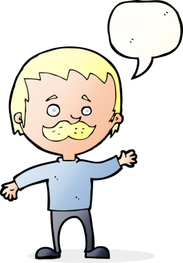 Bir insan tarafından çizilmiş konuşma baloncuğuyla bıyıklı çizgi film adamı.